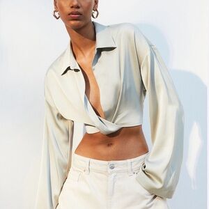 H&M Light Green Satin twist Cropped Shirt